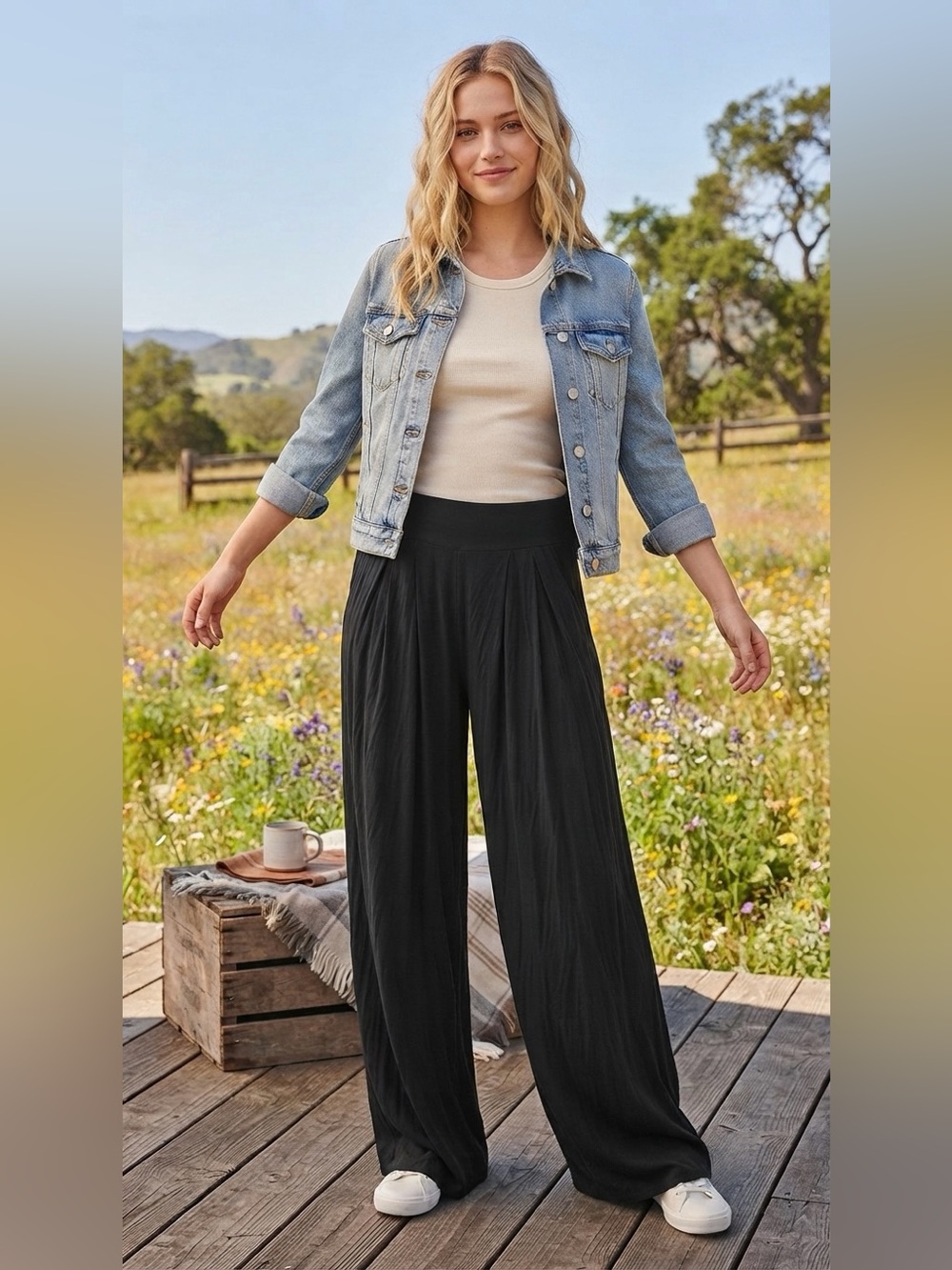 Women’s Black Self-Double Layer Wide Leg Pants XL